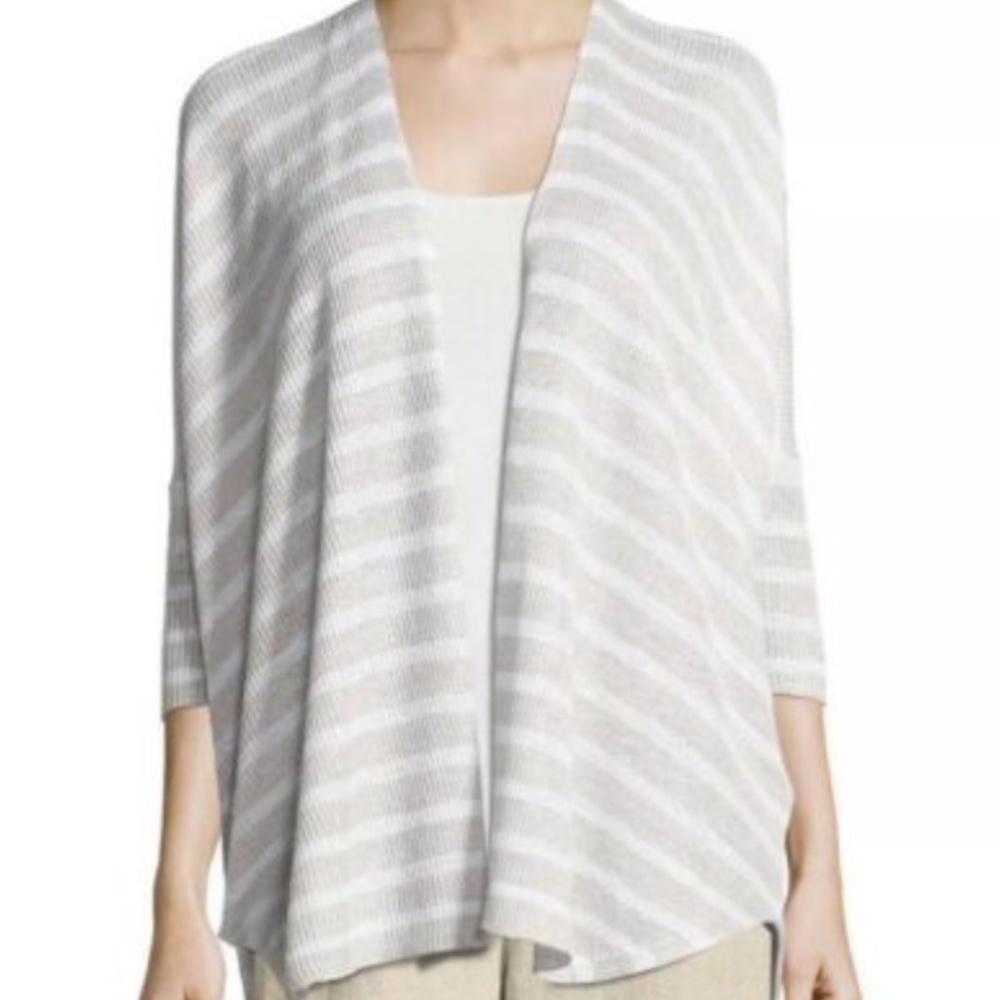 Eileen Fisher cream stripe organic linen oversized open cardigan sweater LG - XL